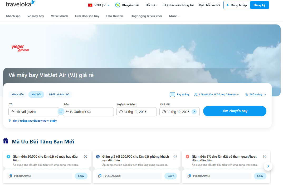 Traveloka hỗ trợ vé Vietjet giá rê